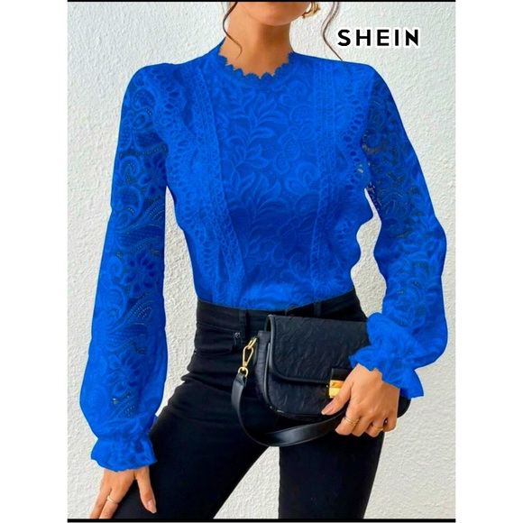 SHEIN Privé Guipure Lace Insert Flounce Sleeve Blouse- Small - Picture 4 of 8